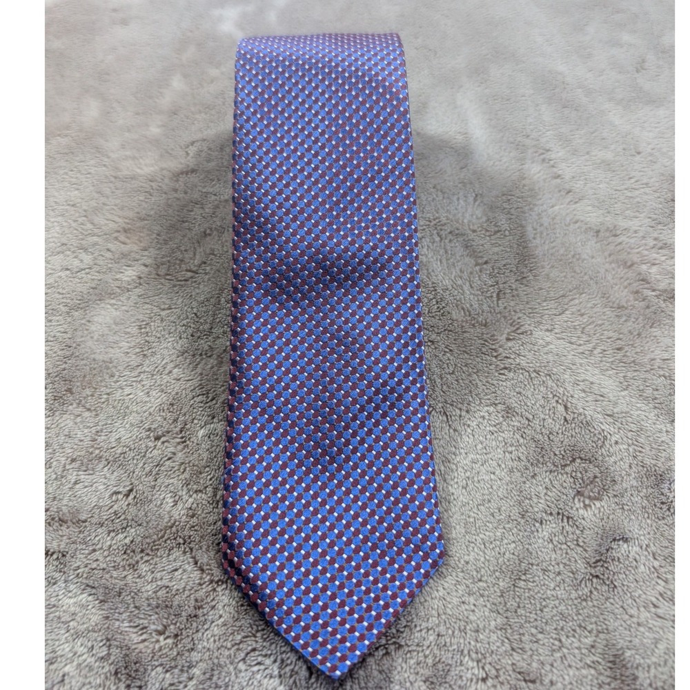 Eton Necktie Mens OS Blue Burgundy Geometric Micro-Dot 100% Silk Made in Italy